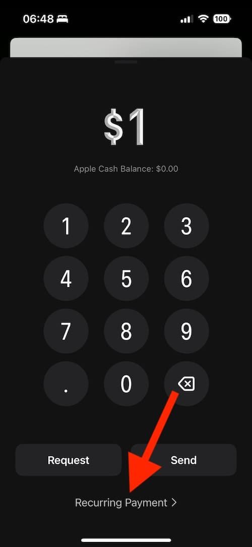 Click Recurring Payment to schedule one using Apple Cash within Apple Wallet.