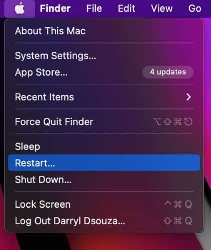 Restart your Mac to Fix battery icon not showing