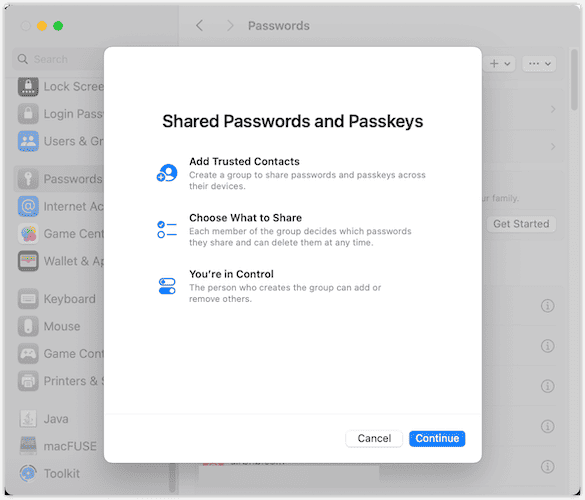 Shared Passwords Intro Screen in macOS 14 Sonoma