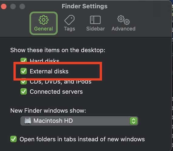 Show external disk on desktop
