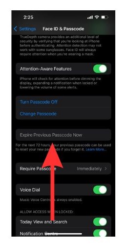 The Expire Previous Passcode Now option will be inaccessible