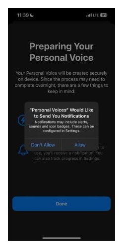 Tap Allow to receive notification when your Personal Voice is generated