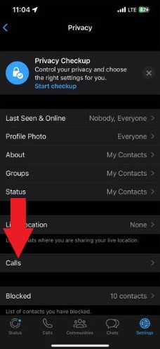 Tap the Calls option to Block Unknown Callers on WhatsApp