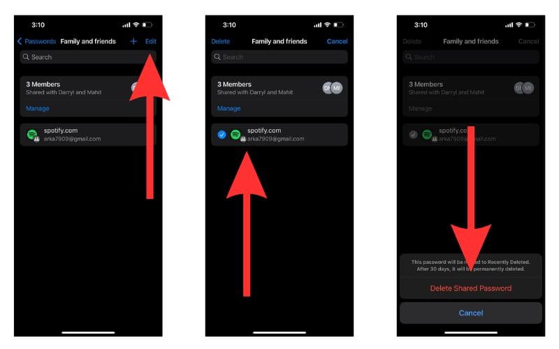 Delete shared password from your Family Password sharing group