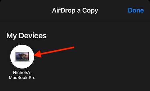 Select the device you want to send the video to via AirDrop.