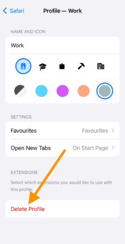 Button to delete Safari profile