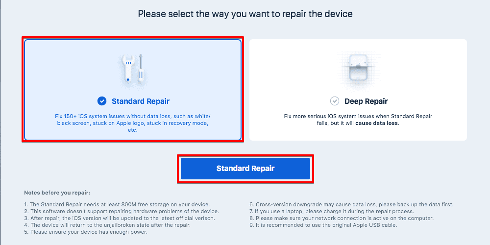 Reiboot standard repair option