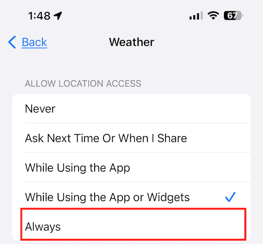 Weather Location Services screenshot