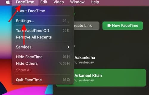 Click FaceTime in menu bar and select Settings