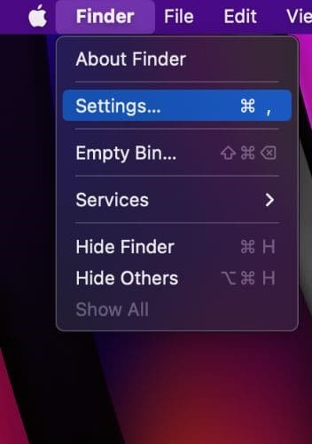 Click Finder in the Finder menu bar and select Settings from the List