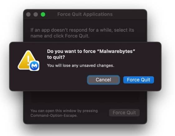 Click Force Quit to Fix Malwarebytes Not Working on Mac