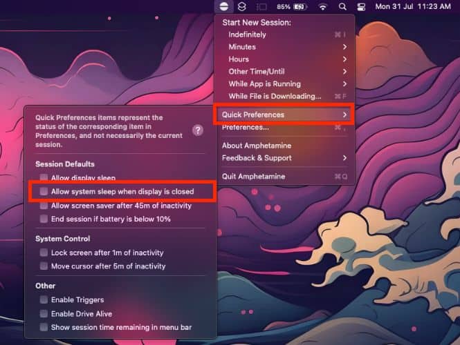 Click Quick Preferences and then disable the Allow system sleep when display is closed option