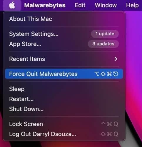 Click the Apple Logo and select Force Quit Malwarebytes