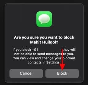 Click the Block button to confirm your selection and block the contact on Mac