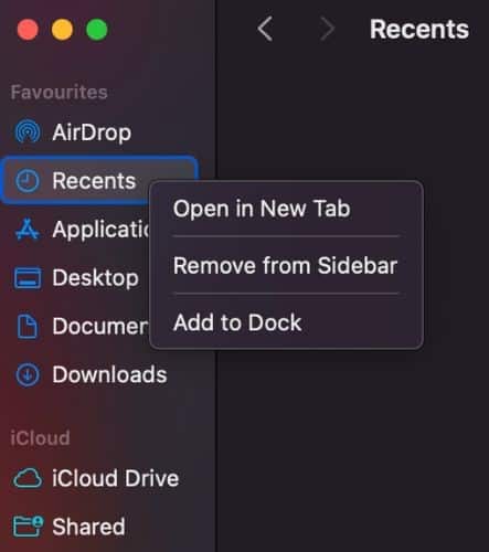 Control-click on Recents and select the Remove from Sidebar option to Clear Recents on Mac 