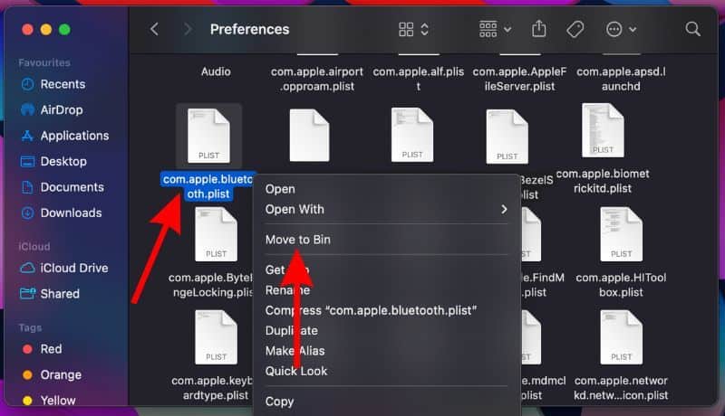 Control click the file and move it to the bin to reset bluetooth on Mac