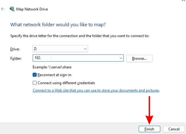 Enter the Network Address in the Folder text box and click Finish