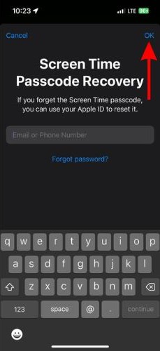 Enter you Apple ID and Password for Screen Time Passcode recovery