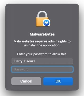 Enter your Password and click OK to uninstall Malwarebytes
