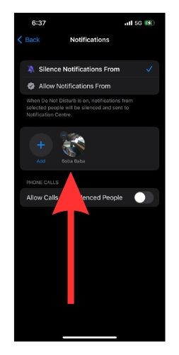Select the Minus to remove contact from Do Not Disturb list