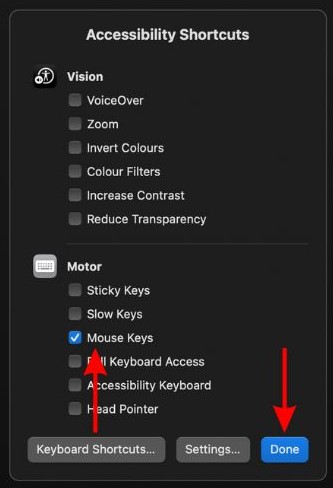 Select the Mouse Keys checkbox and click Done
