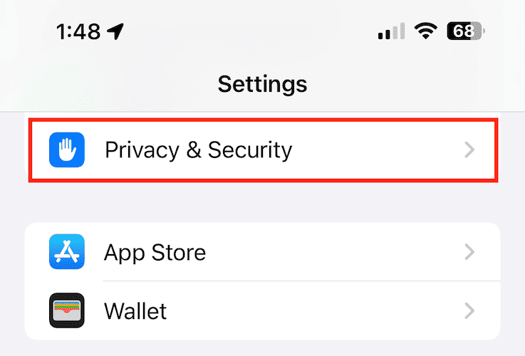 Screenshot of Settings Privacy & Security