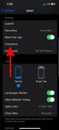 Tap the Extensions option