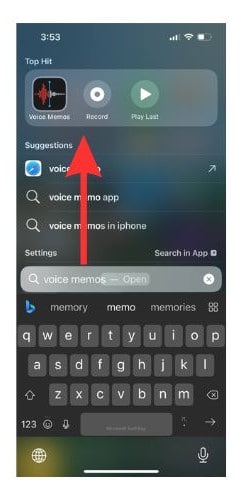 The Voice Memo icon will appear along with the shortcuts'