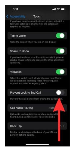 Turn on Toggle for Prevent Lock to End Call