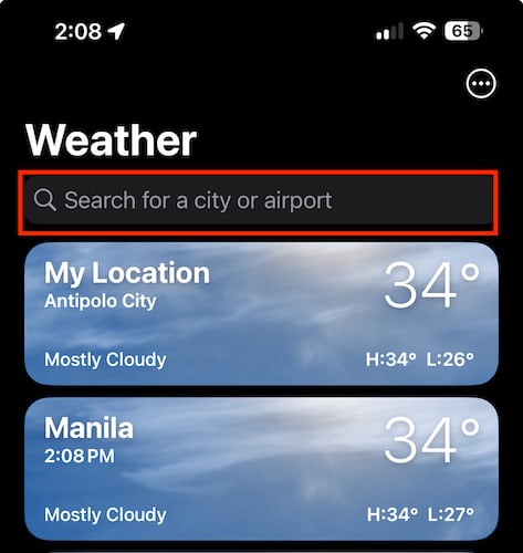 Weather app search bar screenshot
