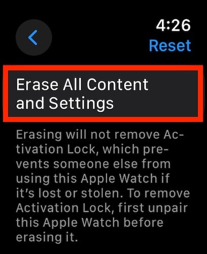 Screenshot Erase all contents and settings