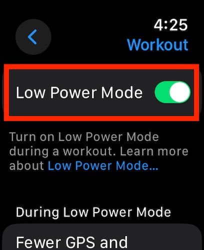 Screenshot Low Power Mode during workout
