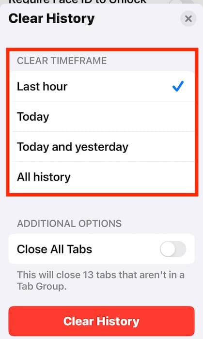 Choose Timeframe of How Much Web History to Delete