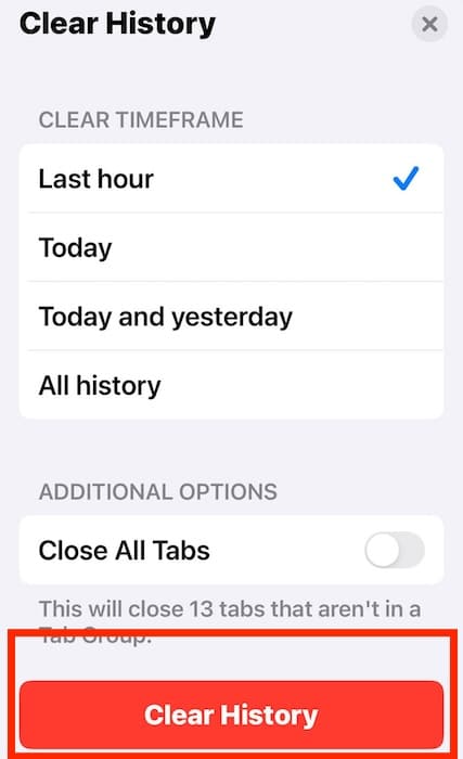 The Clear History Button on the iOS Safari Settings
