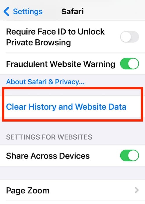 Clear the History and Website Data on Safari Because iPhone Cannot Verify Server Identity