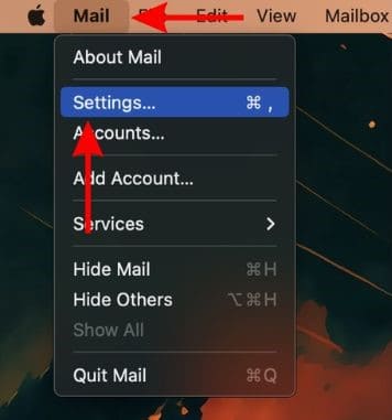 Click Mail in the menu bar and select the Settings option