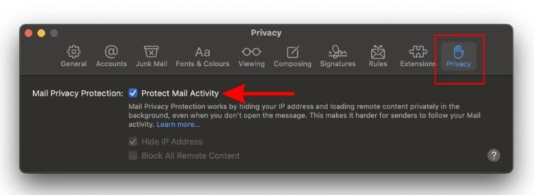 Click the Protect Mail Activity option in the Privacy tab