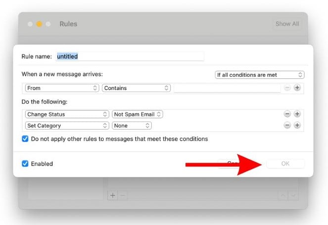 Customize the settings and click OK to use Client Rules in Outlook on Mac