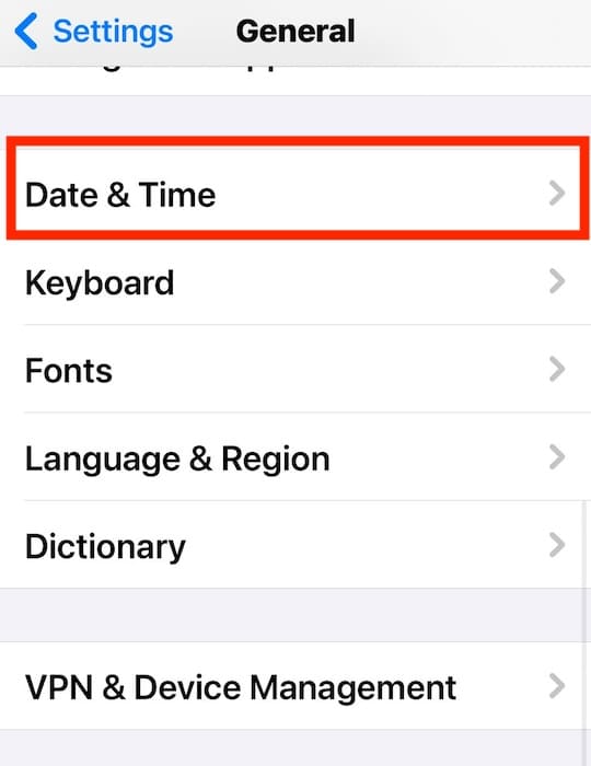 Checking the Date and Time Section on General iOS