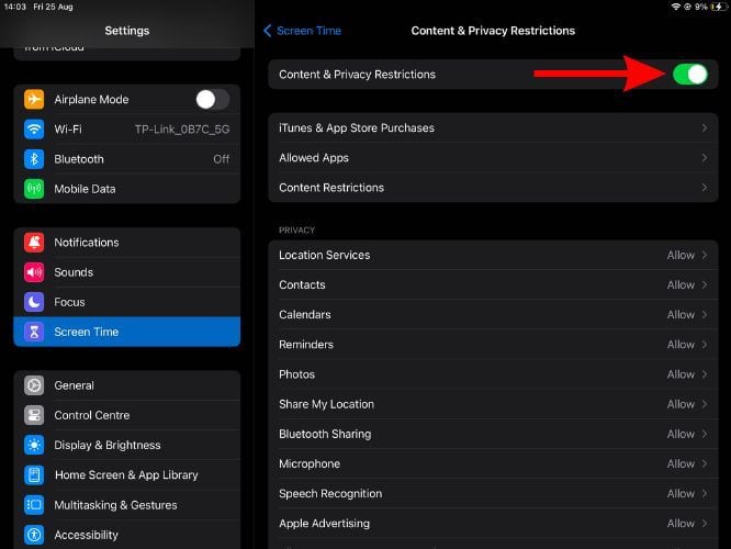 Disable the Content and Privacy Restrictions toggle to fix Wi-Fi grayed out on iPad