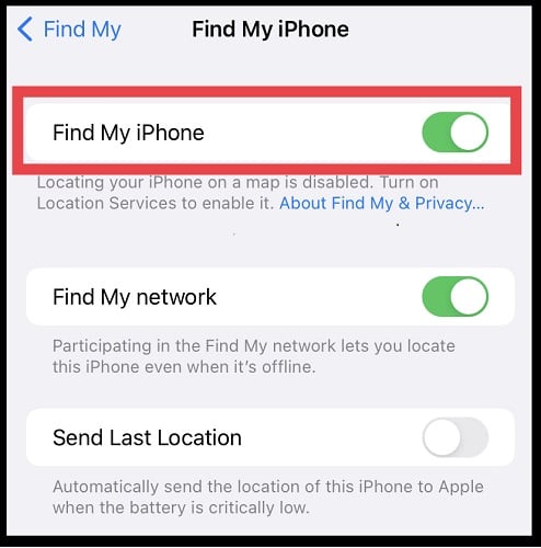 Enable find my iphone