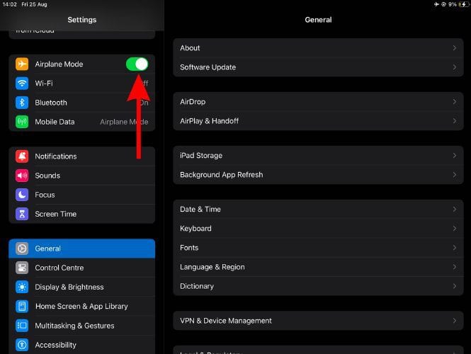 Enable the Airplane Mode toggle to fix Wi-Fi grayed out on iPad