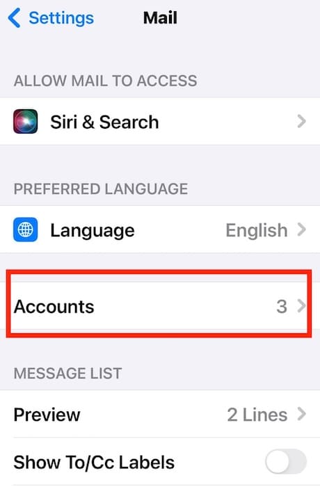 Checking the Accounts Active on iOS Settings Mail App