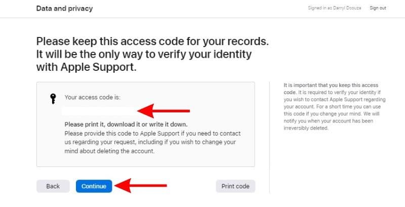 Note down the access code and click Continue
