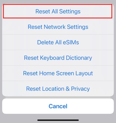 screenshot Reset all settings