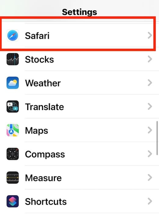 Tapping the Safari Section in the General iOS Settings