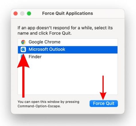 Select Microsoft Outlook and click Force Quit to fix Rules not working in Outlook on Mac