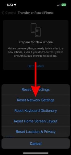 Select the Reset Network Settings option to fix Spotify Not Downloading Songs