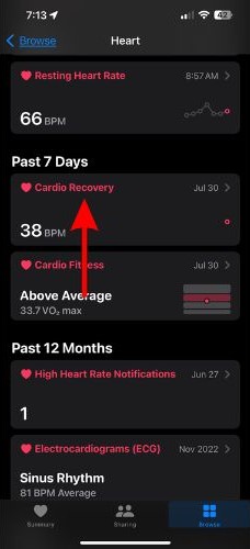 Tap Cardio Recovery to check the all of the stored data