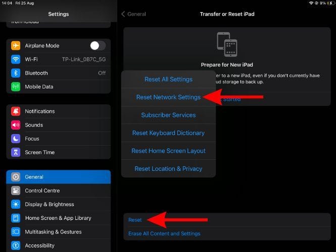 Tap Reset and select Reset Network Settings to fix Wi-Fi grayed out on iPad
